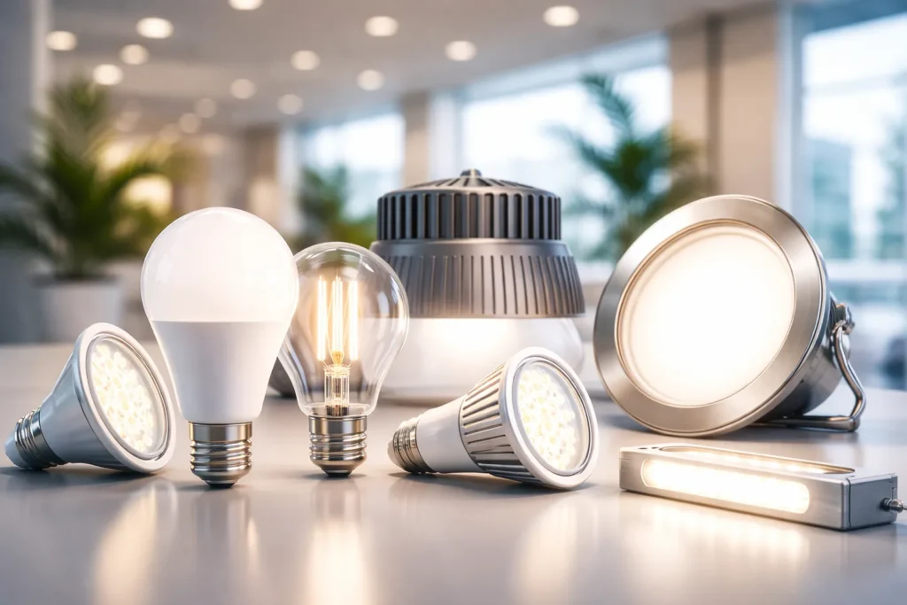 Collection of modern LED lighting products including LED bulbs, spotlights, panel lights, and tube lights displayed in a contemporary indoor setting.
