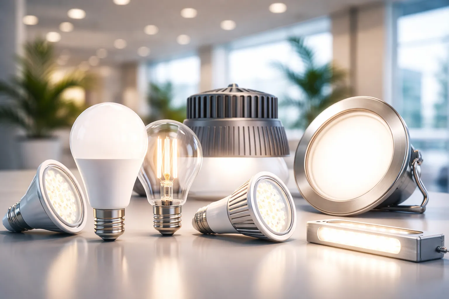 Collection of modern LED lighting products including LED bulbs, spotlights, panel lights, and tube lights displayed in a contemporary indoor setting.