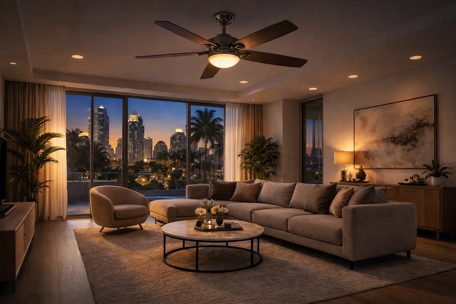 Modern living room featuring a stylish ceiling fan with light, contemporary sofa, indoor plants, and large glass windows overlooking a city skyline at dusk.