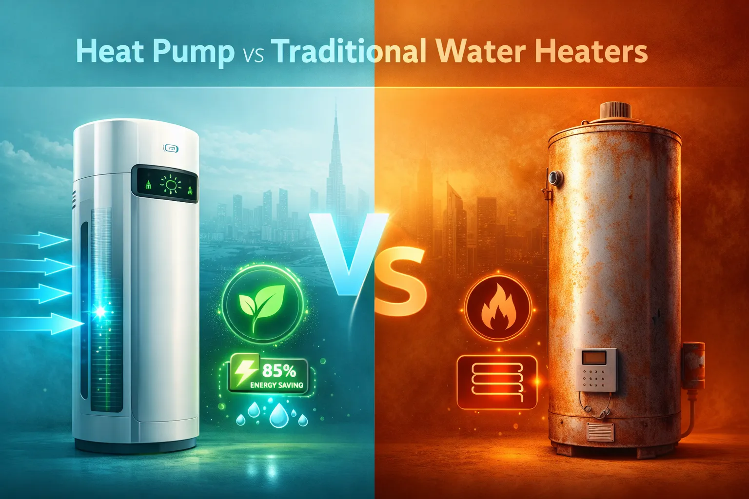 Comparison between heat pump water heater and traditional water heater showing energy efficiency, eco-friendly benefits, and heating methods