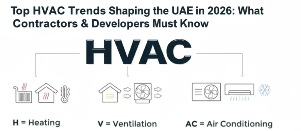 Illustration showing HVAC system components heating, ventilation, and air conditioning highlighting top HVAC trends shaping the UAE market in 2026